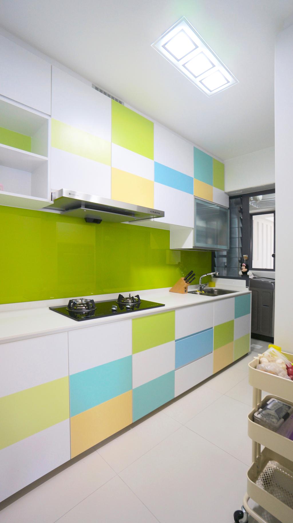 Scandinavian, HDB, Kitchen, Punggol Walk (Block 310), Interior Designer, Space Atelier, Colours, Colourful, Checkers, Checkered Laminate, Kitchen Cabinetry, Stove, Exhaust Hood