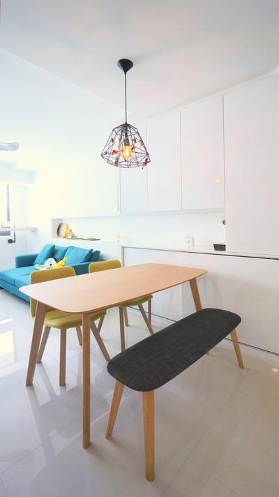 Punggol Walk (Block 310), Space Atelier, Scandinavian, Dining Room, HDB, Cushioned Bench, Dining Bench, Dining Table, Caged Lamp, Pendant Lamp