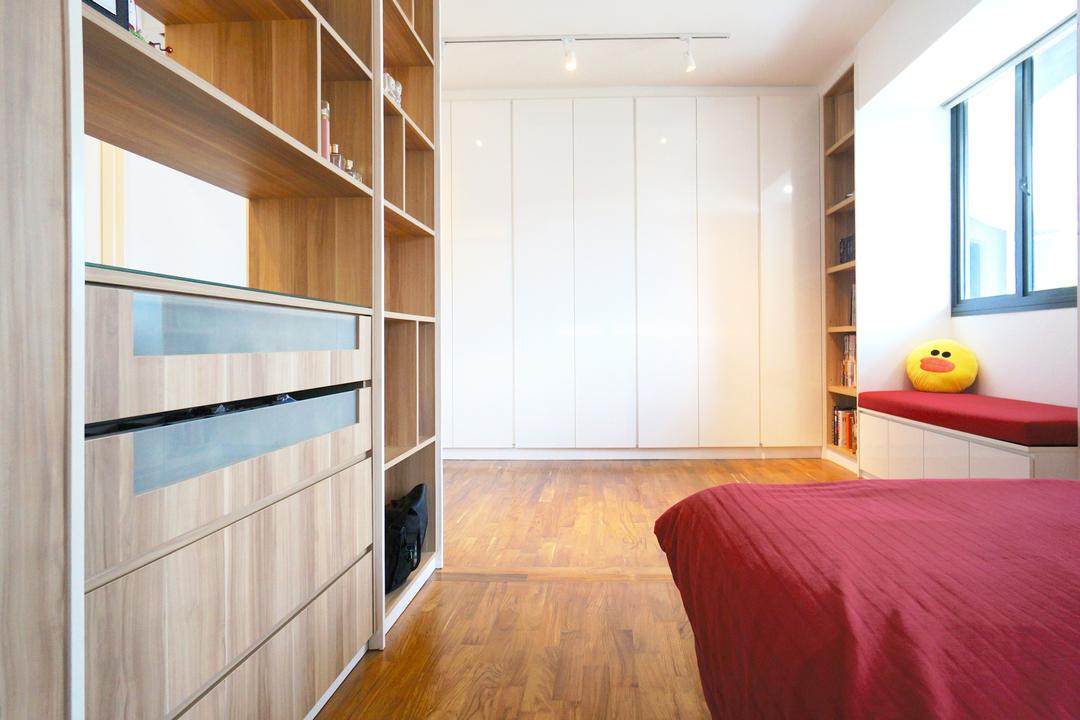 Punggol Walk (Block 310), Space Atelier, Scandinavian, Bedroom, HDB, Wood Wardrobe, White Wardrobe, Bench, Cushioned Bench