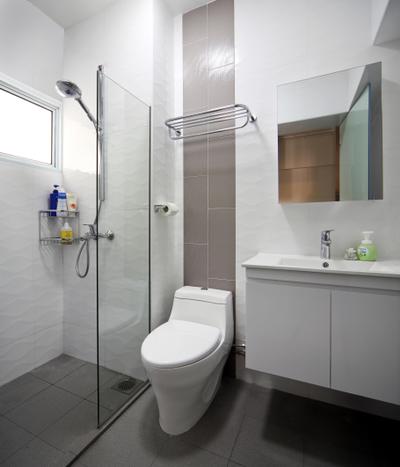 Compassvale Road (Block 258D), Boonsiew D'sign, Traditional, Bathroom, HDB, White, Mirror, Bathroom Counter, Tile, Tiles, Glass Wall, Glass Cubicle, Taupe, Toilet, Indoors, Interior Design, Room
