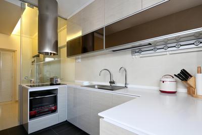 Compassvale Road (Block 258D), Boonsiew D'sign, Traditional, Kitchen, HDB, Exhaust Hood, Kitchen Countertop, White, White Kitchen Cabinets, Power Track, Brown, Appliance, Electrical Device, Oven, Tap, Indoors, Interior Design, Room