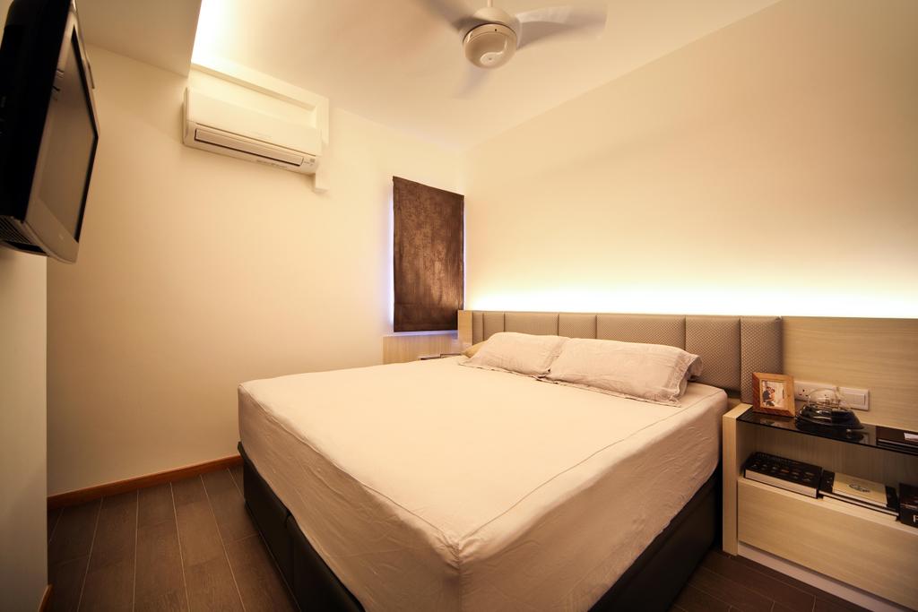 Traditional, HDB, Bedroom, Compassvale Road (Block 258D), Interior Designer, Boonsiew D'sign, White, Plank Flooring, Mini Ceiling Fan, Side Table, Nightstand, High Headboard, Padded Headboard, Concealed Lighting, Blinds, Neutral Tones, Appliance, Electrical Device, Oven, Bed, Furniture