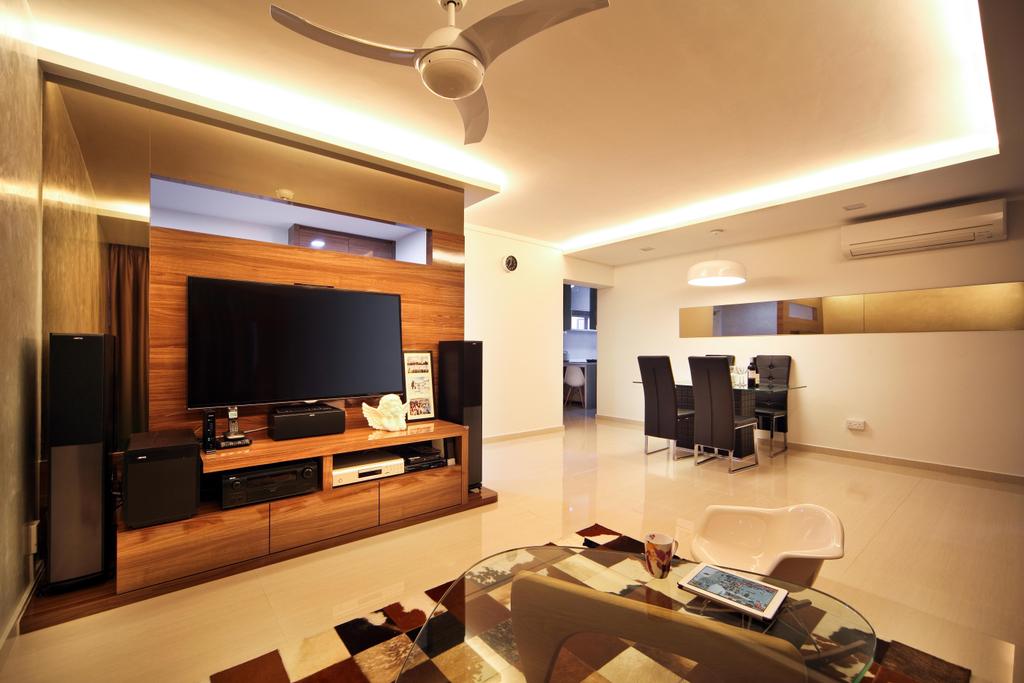 Traditional, HDB, Living Room, Compassvale Road (Block 258D), Interior Designer, Boonsiew D'sign, Mini Ceiling Fan, Concealed Lighting, Mirror, White, Rug, Glass Table Top, Brown Coffee Table, Chair, Wood Laminate, Wood, Laminates, Speakers, Tv Console, White Marble Floor, Lighting, Electronics, Entertainment Center, Home Theater, Indoors, Interior Design