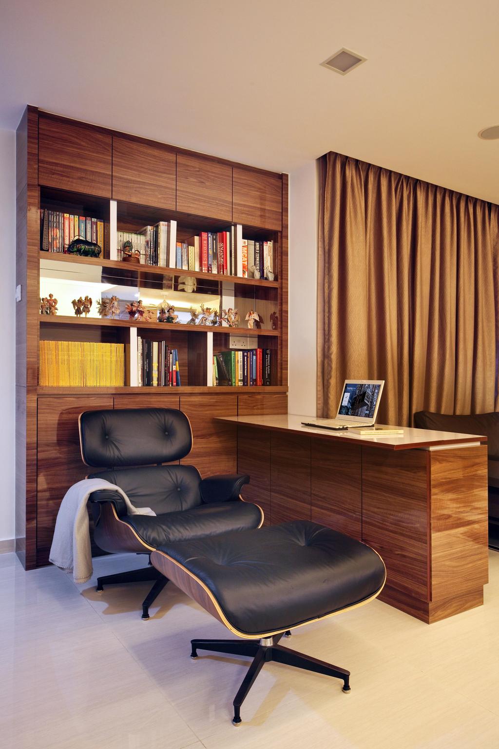 Traditional, HDB, Study, Compassvale Road (Block 258D), Interior Designer, Boonsiew D'sign, Eames, Armchair, Bookcase, Bookshelf, Shelf, Shelves, Wood Laminate, Wood, Laminate, Cabinet, Storage, Display Shelf, Table, Extendable Table, Curtains, Mirror, Chair, Furniture