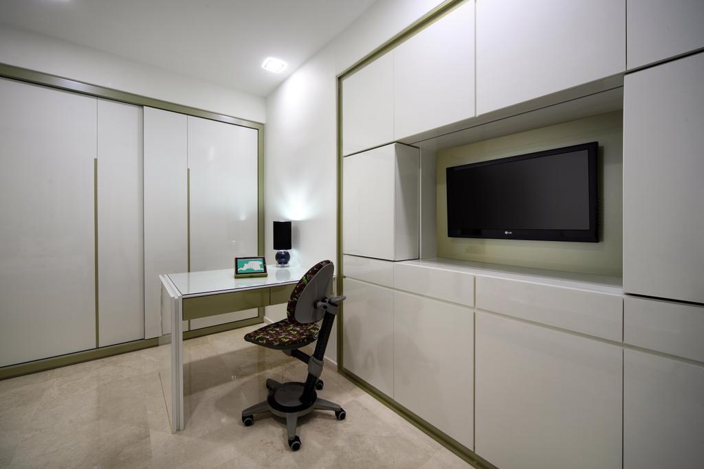 Transitional, Condo, Study, Mergui Road (Block 81), Interior Designer, Boonsiew D'sign, Lamp, Indented Wall, Recessed Wall, Closet, Wood Wardrobe, Chair, Study Table, White, White Marble Floor, Furniture