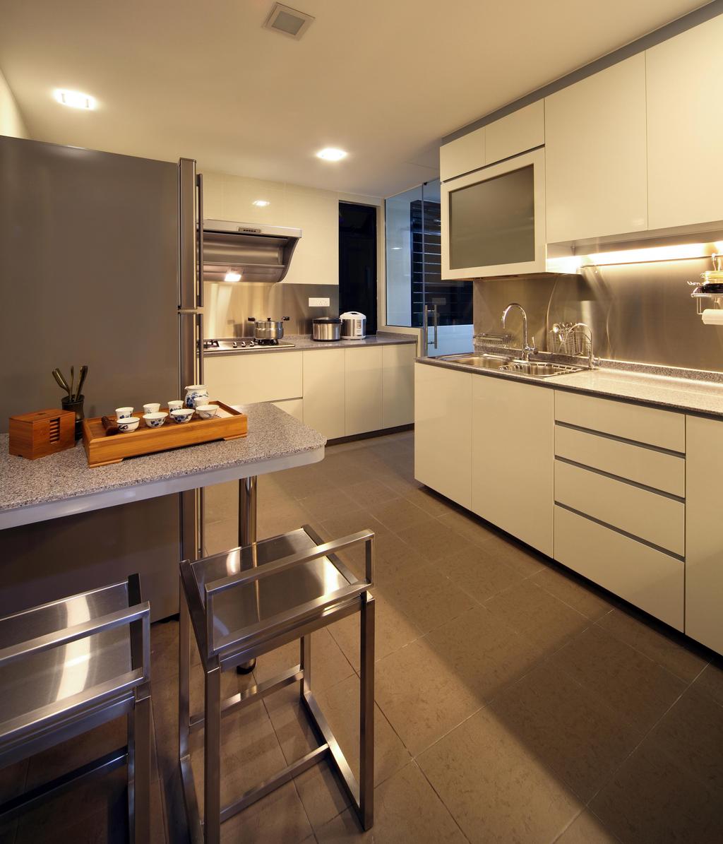 Transitional, Condo, Kitchen, Mergui Road (Block 81), Interior Designer, Boonsiew D'sign, Chair, Metallic, White Kitchen Cabinets, White, Tile, Tiles, Kitchen Countertop, Table, Indoors, Interior Design, Room, Appliance, Dishwasher, Electrical Device