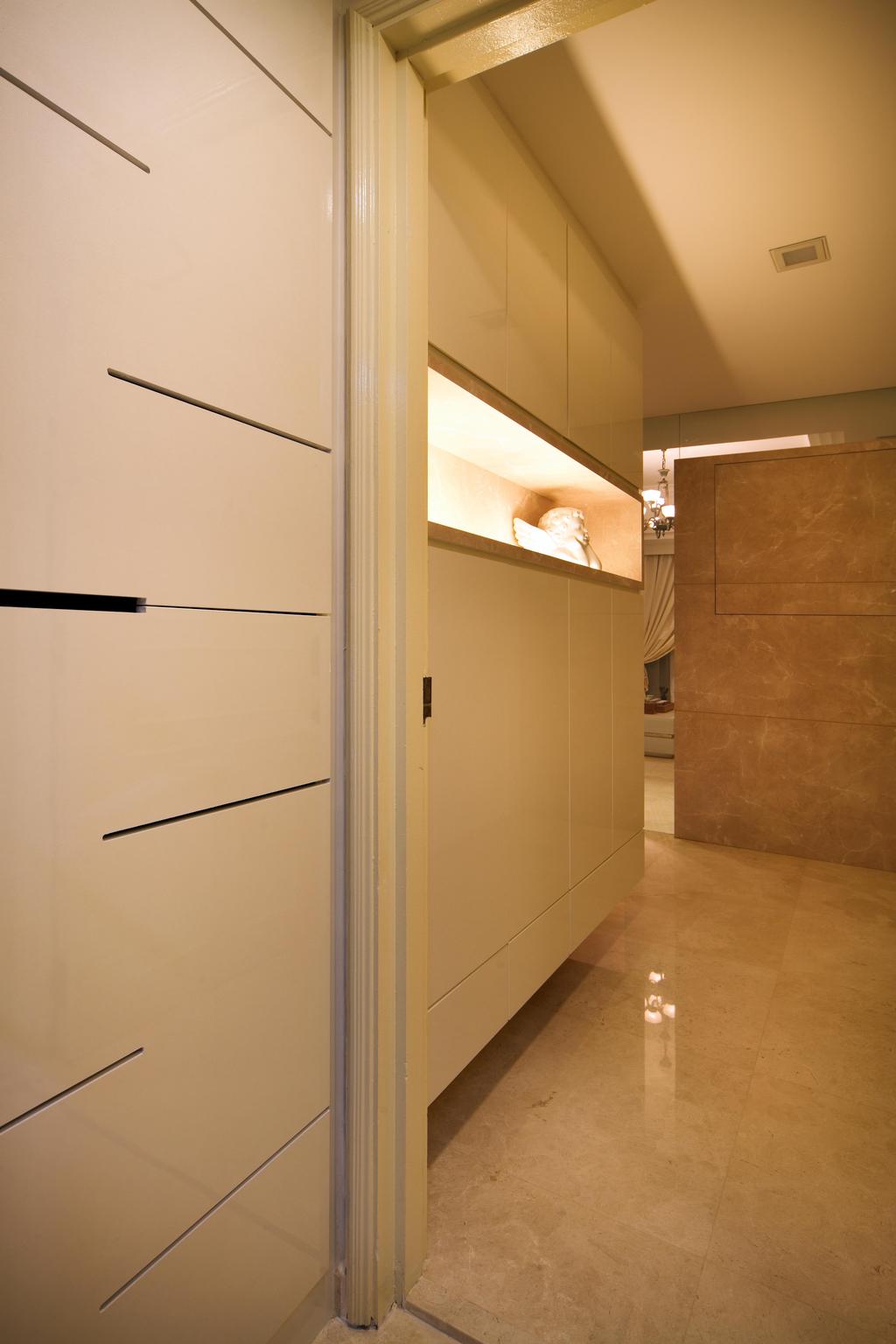 Transitional, Condo, Mergui Road (Block 81), Interior Designer, Boonsiew D'sign, Beige, Neutral Tones, Indented Shelf, Recessed Shelf, White Marble Floor, Sculpture, Marble Wall, White, White Kitchen Cabinets, Storage