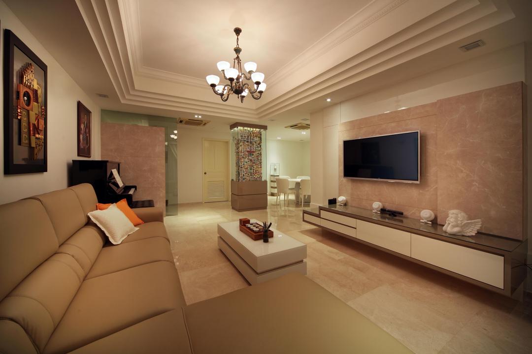 Mergui Road (Block 81), Boonsiew D'sign, Transitional, Living Room, Condo, Painting, Tv Console, Hanging Light, Lighting, White, Marble Flooring, Columns, False Wall, Marble Wall, Beige, Electronics, Entertainment Center, Home Theater, Couch, Furniture, Indoors, Room, Chandelier, Lamp, Interior Design, Coffee Table, Table