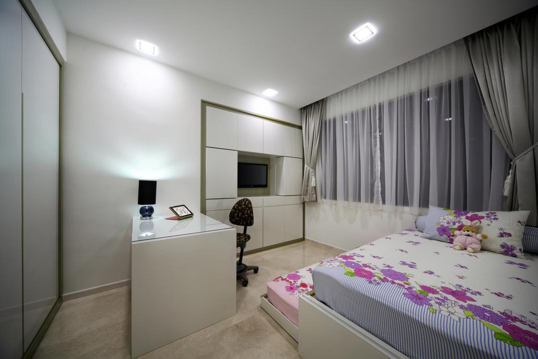 Mergui Road (Block 81), Boonsiew D'sign, Transitional, Bedroom, Condo, Curtains, White, Marble Flooring, Table, Study Table, Indented Wall, Recessed Wall, Lamp, Bed, Furniture, Indoors, Room, Interior Design