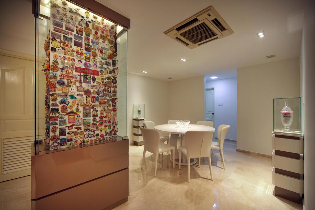 Transitional, Condo, Dining Room, Mergui Road (Block 81), Interior Designer, Boonsiew D'sign, Columns, Glass Display, Wall Art, Dining Table, Chair, White, White Marble Floor, Display Pedestal, Pedestal, Furniture, Table, Flooring