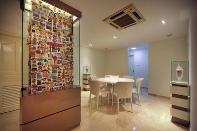 Mergui Road (Block 81), Boonsiew D'sign, Transitional, Dining Room, Condo, Columns, Glass Display, Wall Art, Dining Table, Chair, White, White Marble Floor, Display Pedestal, Pedestal, Furniture, Table, Flooring