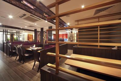 Yayoiken Japanese Restaurant, Boonsiew D'sign, Transitional, Dining Room, Commercial, Plank Flooring, Chair, Dining Table, Table, Grills, Wood Laminate, Wood, Laminates, Parquet, Columns, Wallpaper, Floral, Oriental, Couch, Furniture