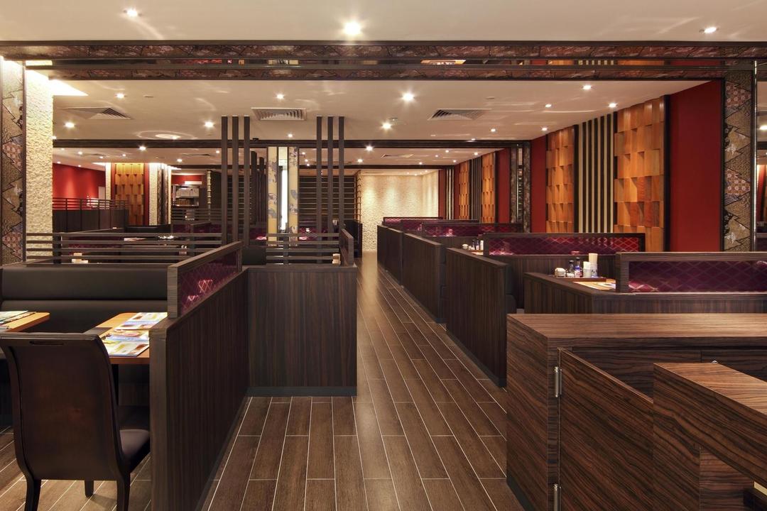 Yayoiken Japanese Restaurant, Boonsiew D'sign, Transitional, Dining Room, Commercial, Oriental, Plank Flooring, Parquet, Wood Laminate, Wood, Laminate, Parquet Wall, Columns, Chair, Red, Wallpaper, Floral, Furniture
