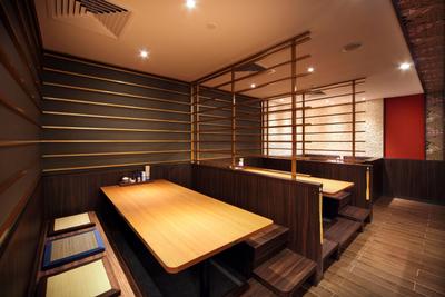 Yayoiken Japanese Restaurant, Boonsiew D'sign, Transitional, Dining Room, Commercial, Bench, Wood Laminate, Wood, Laminates, Parquet, Grills, Plank Flooring, Wallpaper, Red, Stone Wall, Cushions, Platform, Dining Table, Furniture, Table, HDB, Building, Housing, Indoors, Loft, Room, Plywood, Interior Design
