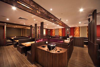 Yayoiken Japanese Restaurant, Boonsiew D'sign, Transitional, Dining Room, Commercial, Plank Flooring, Parquet, Wood Laminate, Wood, Laminates, Columns, Dining Table, Sofa, Grills, Red, Indoors, Interior Design, Hardwood