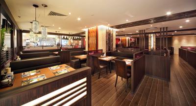 Yayoiken Japanese Restaurant, Boonsiew D'sign, Transitional, Dining Room, Commercial, Plank Flooring, Parquet, Parquet Wall, Wood Laminate, Wood, Laminates, Hanging Light, Dining Table, Table, Chair, Bar Counter, Pub, Restaurant, Diner, Food, Meal