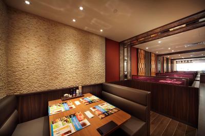Yayoiken Japanese Restaurant, Boonsiew D'sign, Transitional, Dining Room, Commercial, Stone Wall, Dining Table, Sofa, Wood Laminate, Wood, Laminates, Parquet, Plank Flooring, Red, Wall Panel