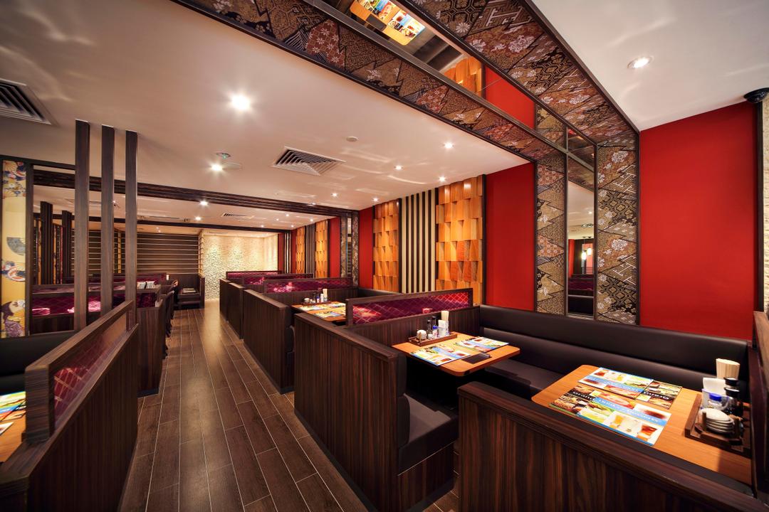 Yayoiken Japanese Restaurant, Boonsiew D'sign, Transitional, Dining Room, Commercial, Wood Laminate, Wood, Laminates, Parquet, Red, Columns, Wallpaper, Floral, Oriental, Plank Flooring, Sofa, Dining Table, Mirror, Bookcase, Furniture