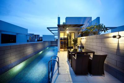 63 Grace Walk, Boonsiew D'sign, Transitional, Landed, Outdoor, Red Brick Wall, Swimming Pool, Wall Lamp, Awning, Table, Chair, Tile, Tiles, Sliding Door, White, Building, House, Housing, Villa
