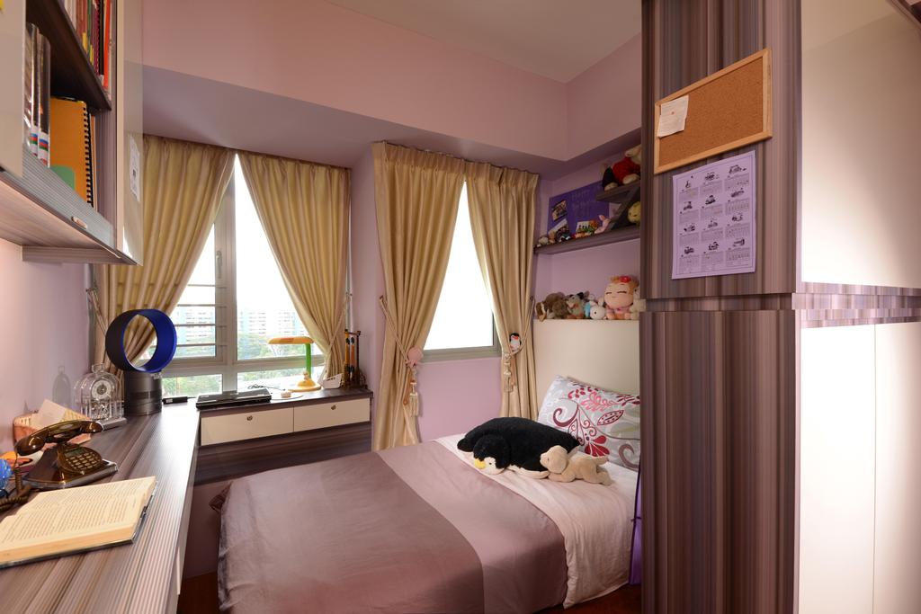 Traditional, Condo, Bedroom, Waterfront Key (Block 772), Interior Designer, Boonsiew D'sign, Kids, Kids Room, Pink, Curtains, Display Shelf, Study Table, Mounted