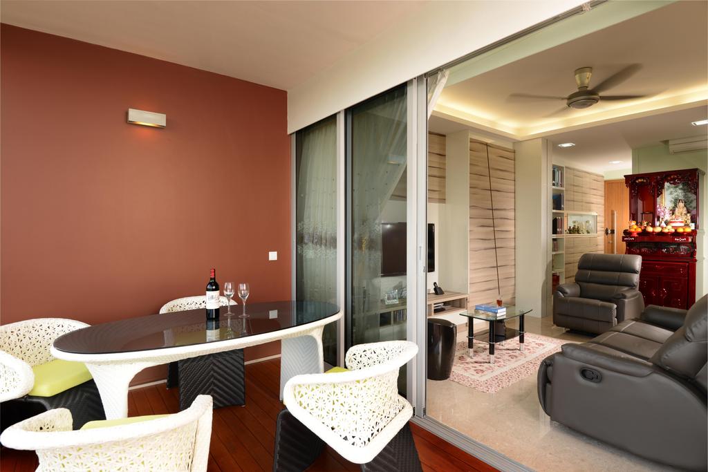 Traditional, Condo, Living Room, Waterfront Key (Block 772), Interior Designer, Boonsiew D'sign, Balcony, Table, Brown Coffee Table, Sofa, Chair, Brown, Sliding Door, Curtains, Rug, Glass Table Top, Wood Laminate, Mini Ceiling Fan, Concealed Lighting, Couch, Furniture, Indoors, Room, Sink