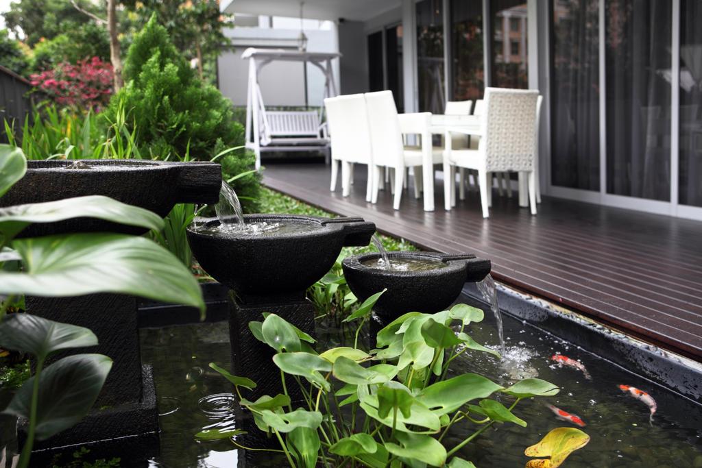 Vintage, Condo, Garden, Prive (Block 33A), Interior Designer, Boonsiew D'sign, Outdoor, Pond, Water Feature, Plank Flooring, Deck Flooring, Hanging Chair, Chair, Full Length Window, Plants, Dining Table, Furniture, Table, Balcony, Flora, Jar, Plant, Potted Plant, Pottery, Vase
