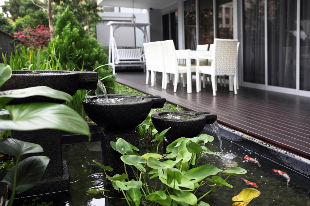 Prive (Block 33A), Boon Siew D'sign, Vintage, Garden, Condo, Outdoors, Pond, Water Feature, Plank Flooring, Deck Flooring, Hanging Chair, Chair, Full Length Windows, Plants, Dining Table, Furniture, Table, Balcony, Flora, Jar, Plant, Potted Plant, Pottery, Vase