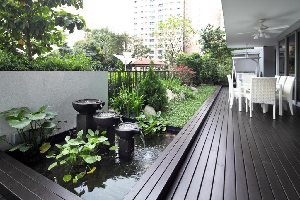 Vintage, Condo, Garden, Prive (Block 33A), Interior Designer, Boonsiew D'sign, Outdoor, Pond, Water Feature, Plants, Deck Flooring, Chair, Mini Ceiling Fan, Flora, Jar, Plant, Potted Plant, Pottery, Vase, Dining Table, Furniture, Table, Outdoors, Water, Backyard, Yard
